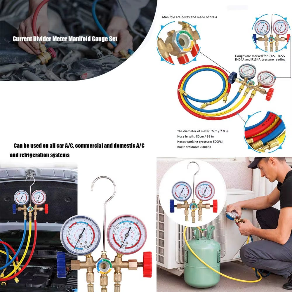 HVAC 3-Way AC Manifold Gauge Set with Hoses