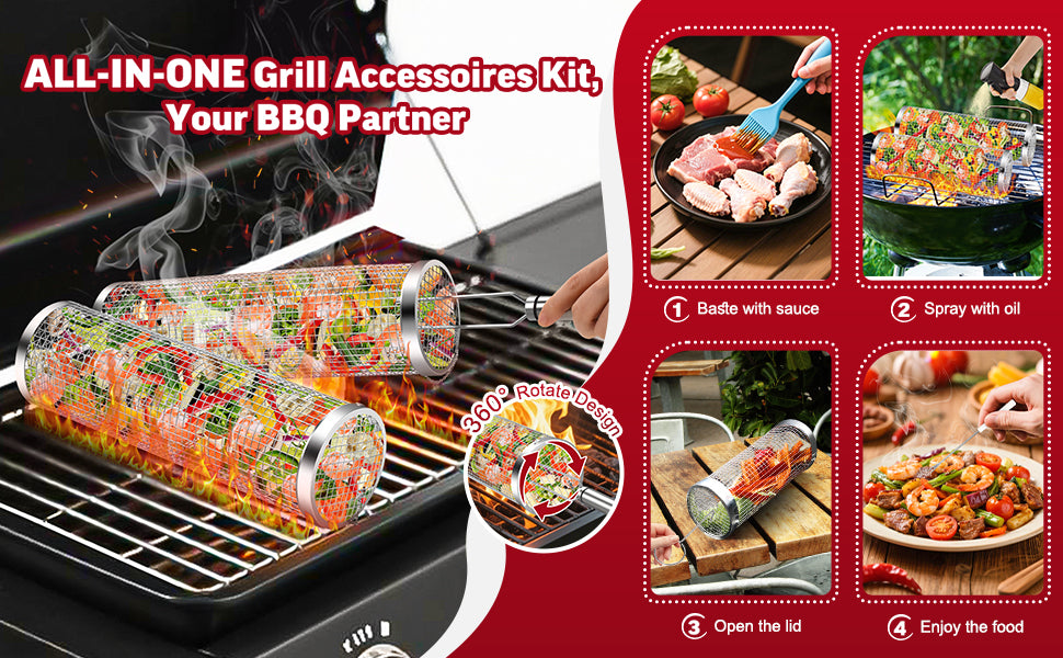 Rolling Grill Basket Set, Stainless Steel BBQ Accessories Gift Kit – image 4