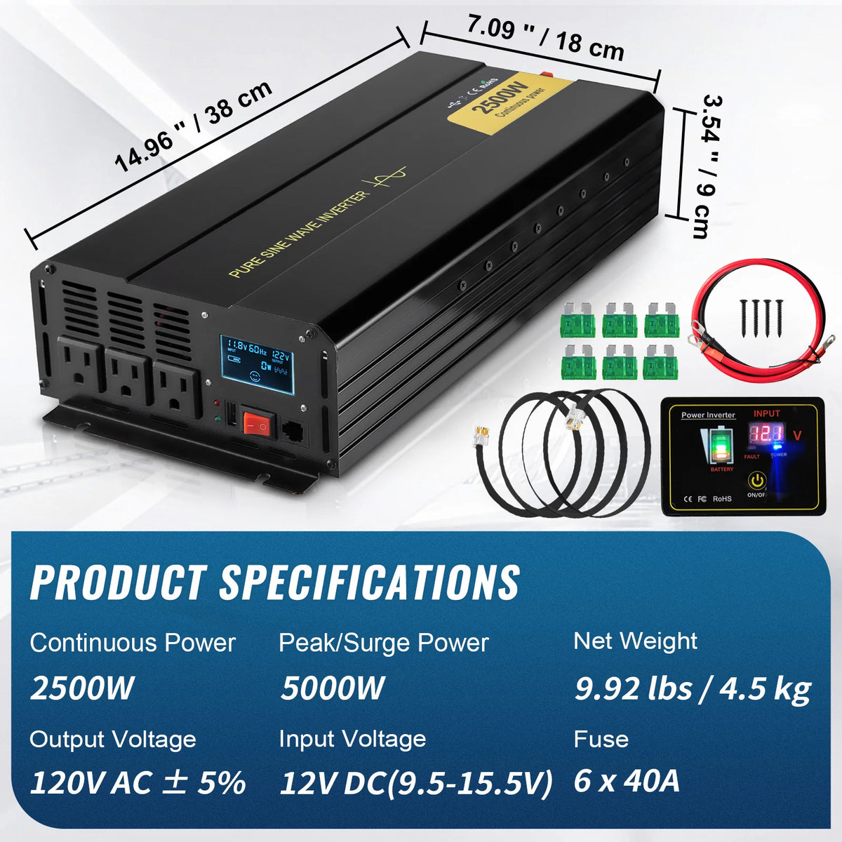 Pure Sine Wave Power Inverter 2500W – 12V DC to 120V AC with Remote – image 7