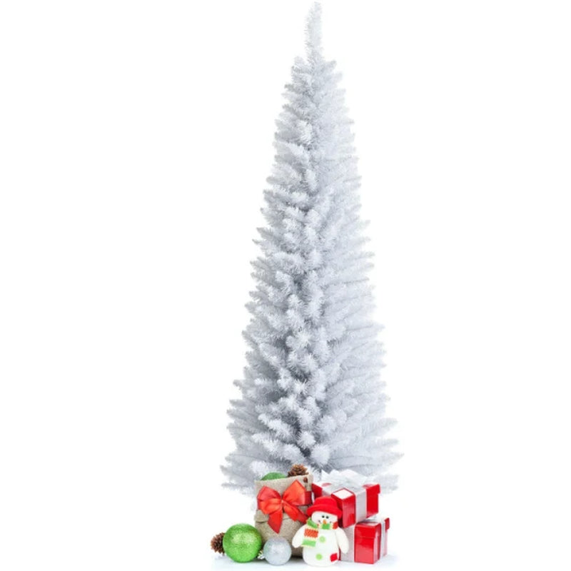 Christmas Tree, 6 Ft White Slim Pencil, Unlit with Metal Stand