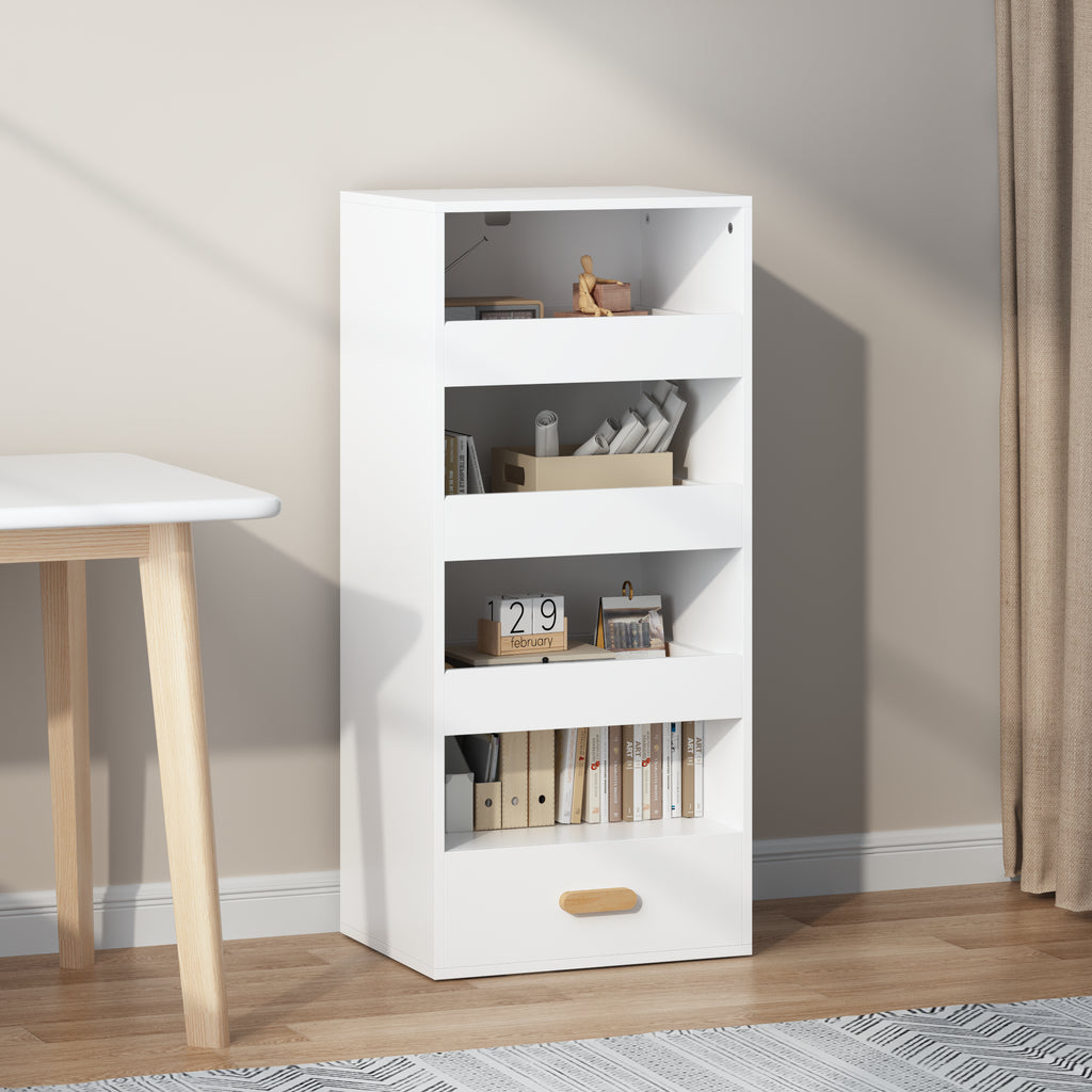 4-Tier Bookshelf with 3 Sliding Drawers and Bottom Drawer, White – image 2