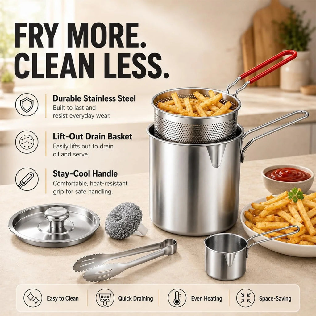 Fryer Pot with Draining Basket and Tongs, Stainless Steel – image 2