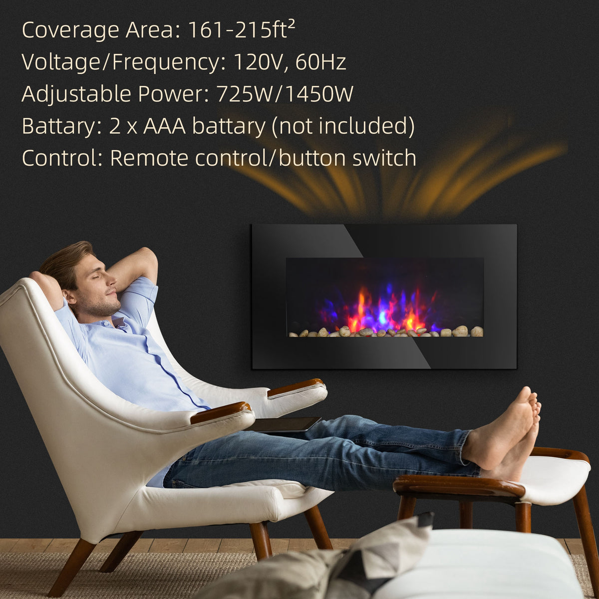 28.5 Inch Wall Mounted Electric Fireplace 1450W with 7 Flame Colors – image 6