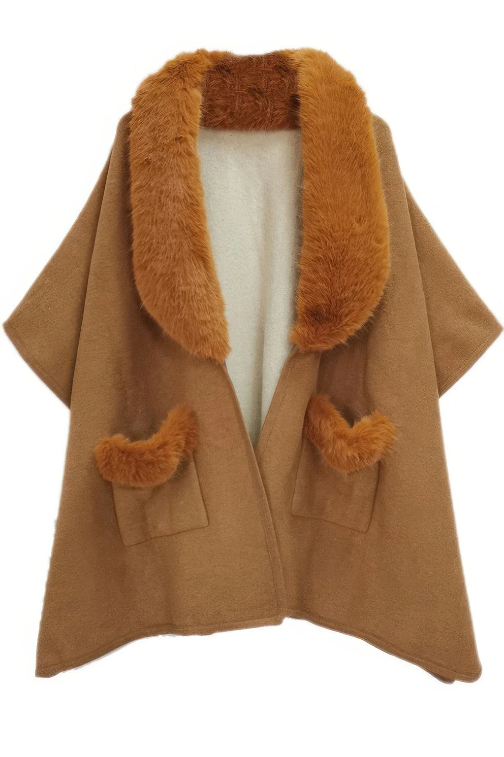 Faux Fur Collar Kimono Wrap – Camel or Gray – image 4