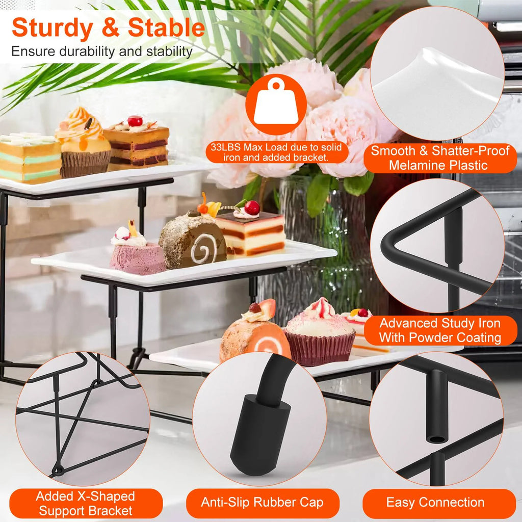 3-Tier Serving Tray Stand, Melamine Platters with Metal Dessert Stand – image 7