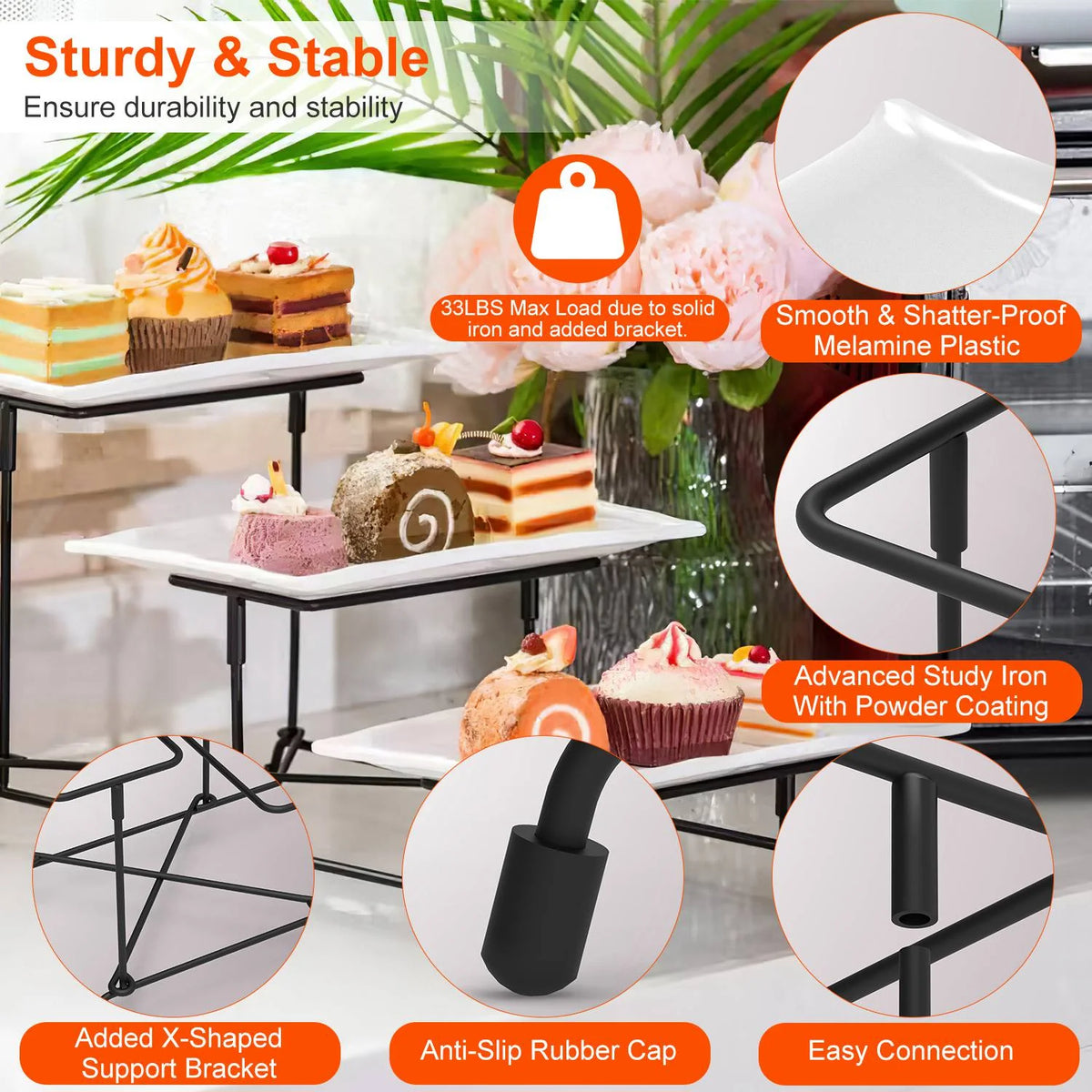 3-Tier Serving Tray Stand, Melamine Platters with Metal Dessert Stand – image 7