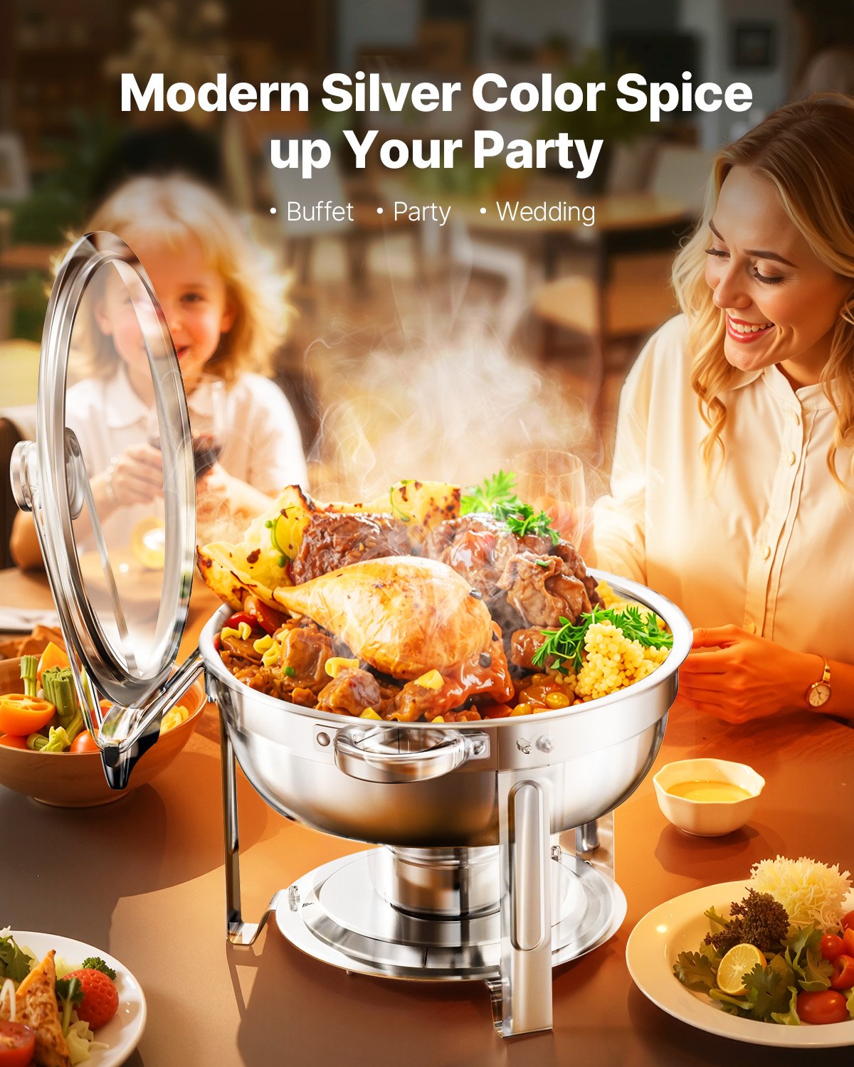 Round Stainless Steel Chafing Dish Buffet Set, 5 Qt, 4 Pack – image 2