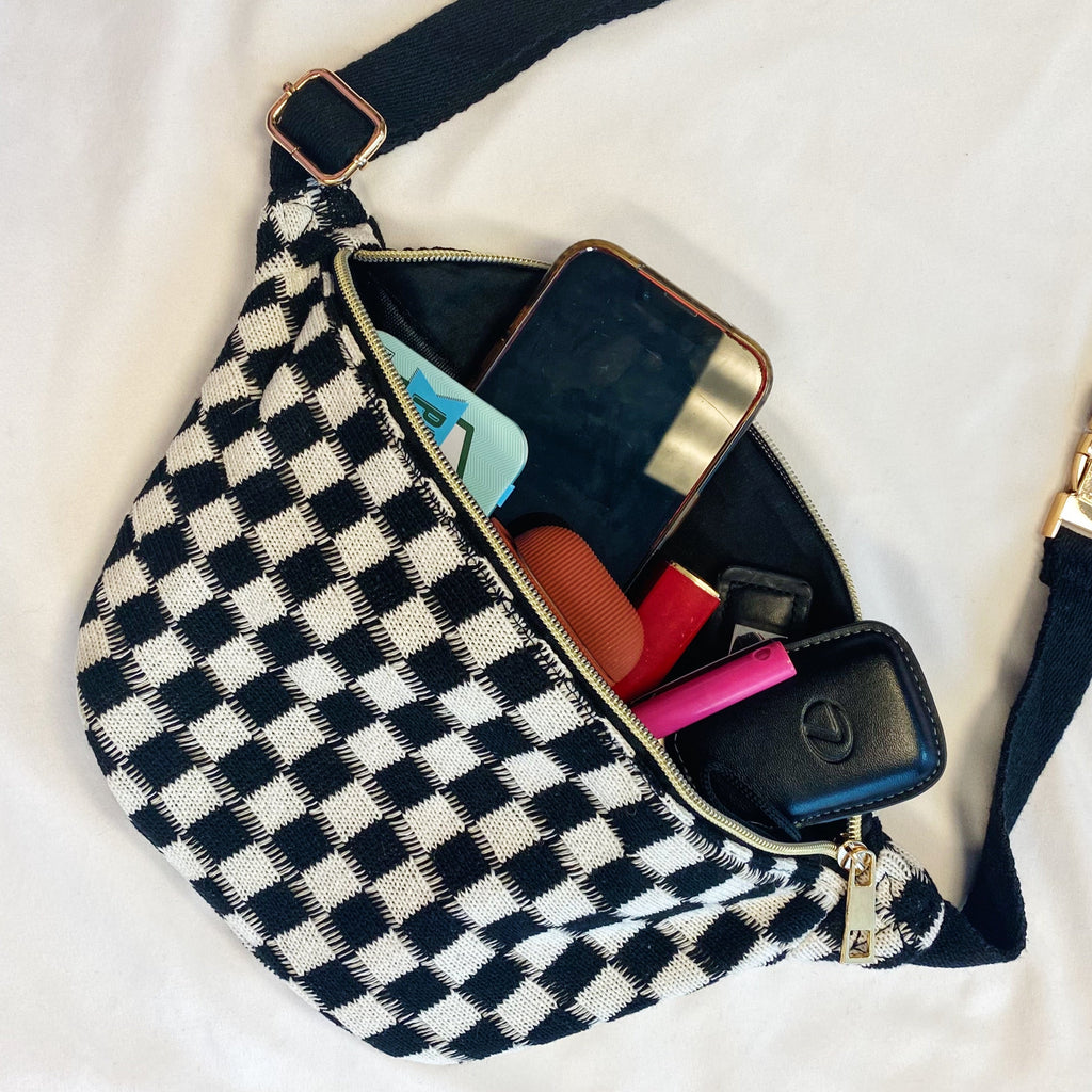 Checkered Knit Belt Sling Bag – Crossbody with Gold Hardware – image 19