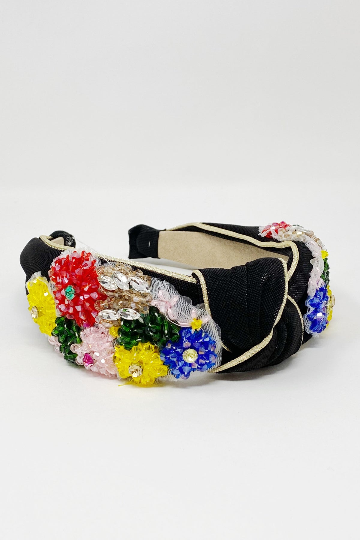 Beaded Flower Headband – Black Shimmer with Gold Trim – image 2