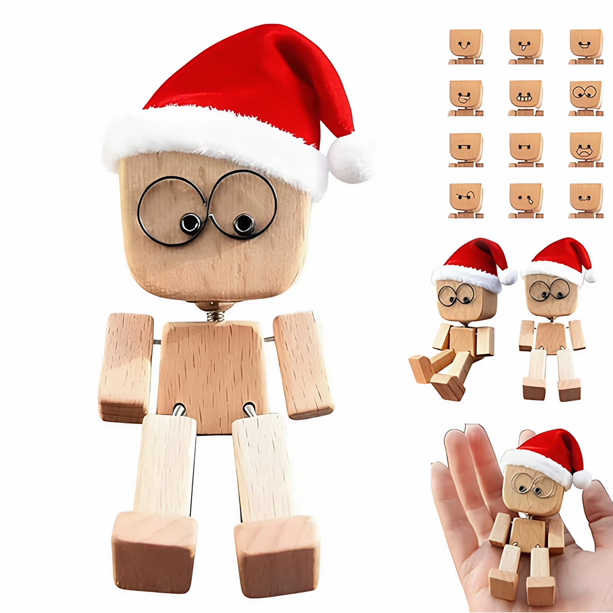 Car Dashboard Wiggle Wooden Man Figurine - Handmade Ornament with 12 Magnetic Faces
