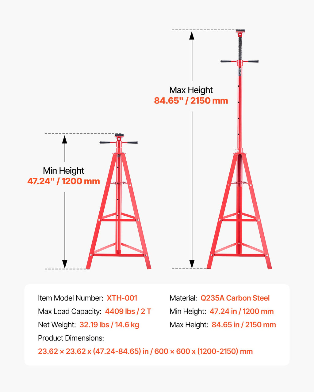 2 Ton under Hoist Tripod Stand High Reach 47 to 84.6 In