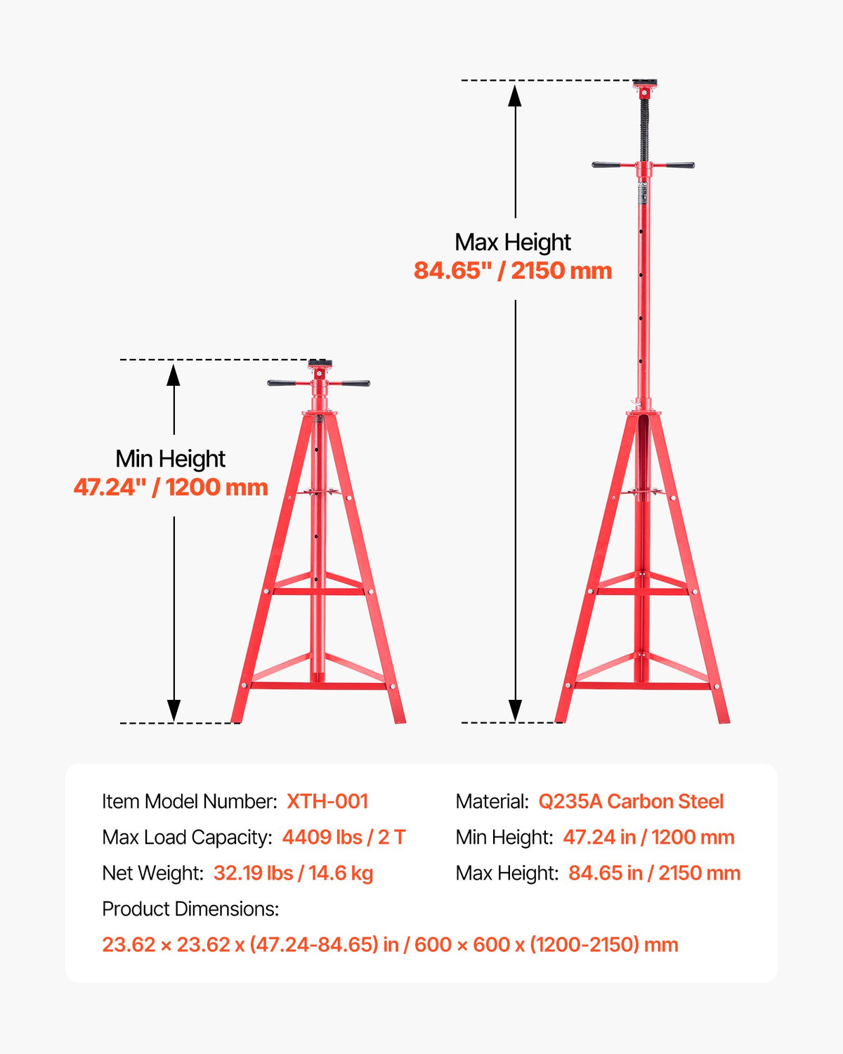 2 Ton under Hoist Tripod Stand High Reach 47 to 84.6 In
