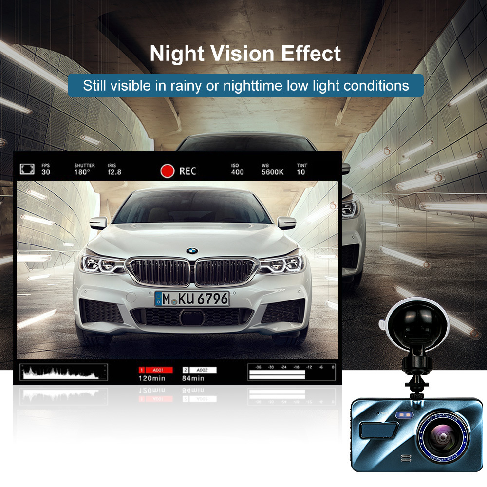 Dash Cam Front and Rear – 4 in Screen, 1296P, Night Vision, G-Sensor