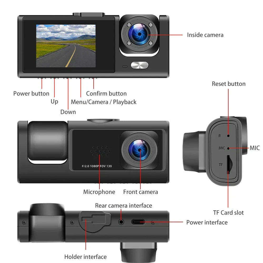 Trucking 3-Channel Dash Cam 1080P, Front, Cabin & Rear Cameras