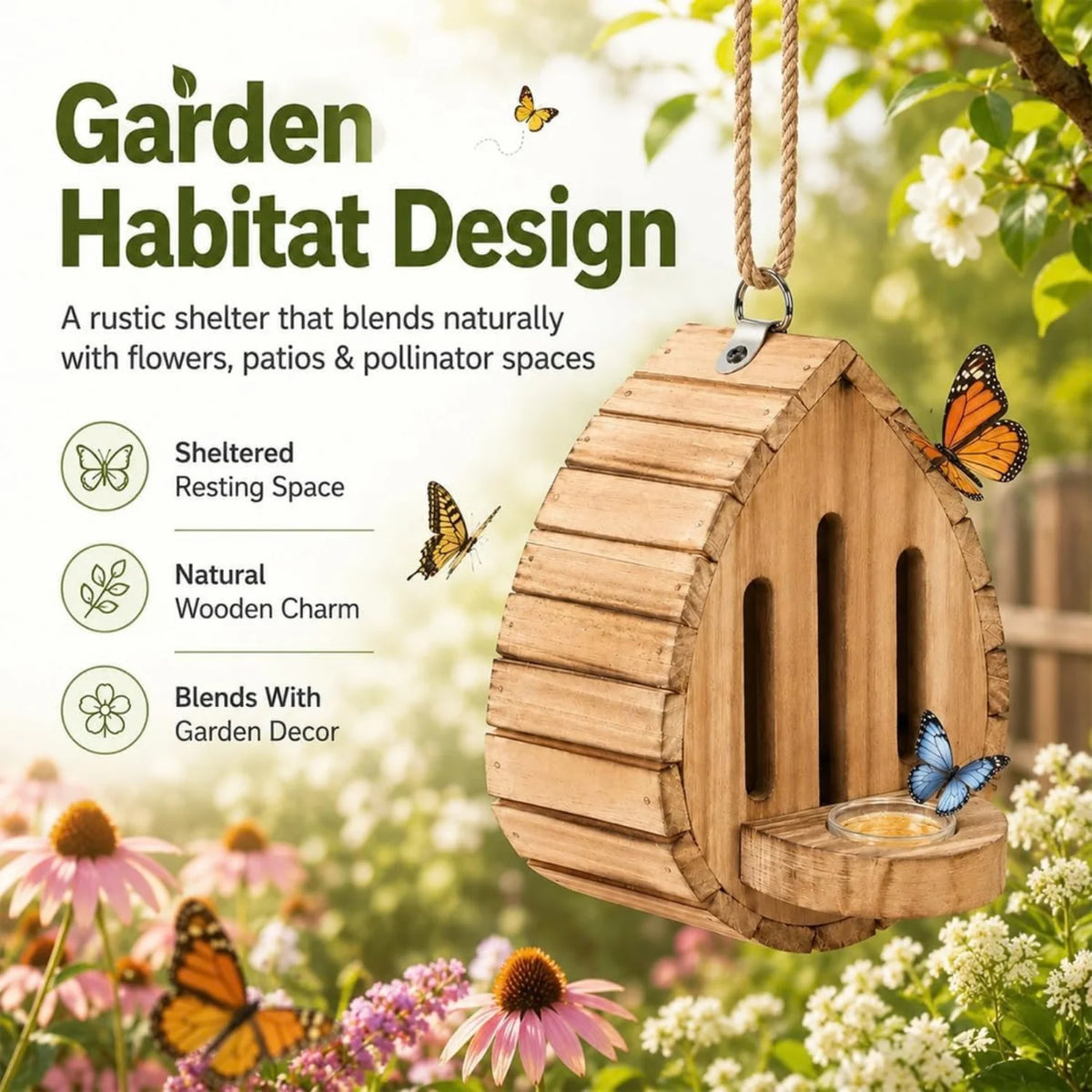 Butterfly House - Hanging Wooden Butterfly Shelter with Feeder – image 6