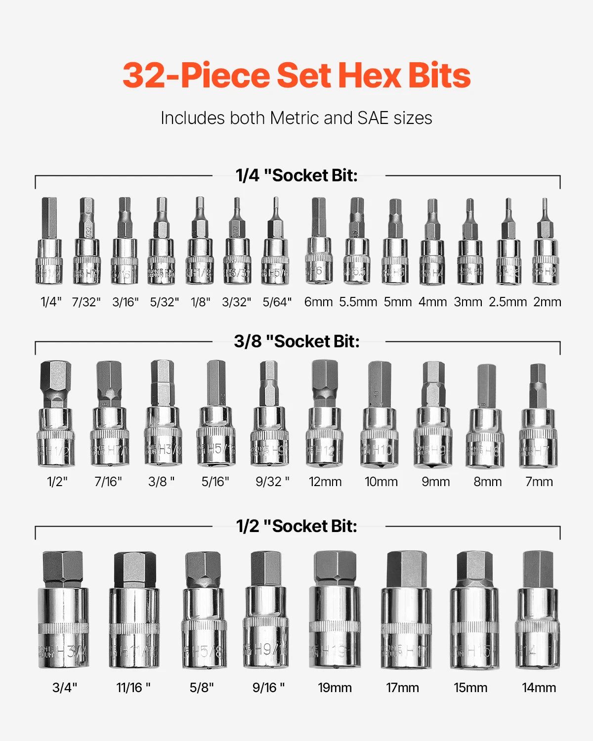 Hex Bit Socket Set 32 Piece, S2 Steel, SAE and Metric with Case
