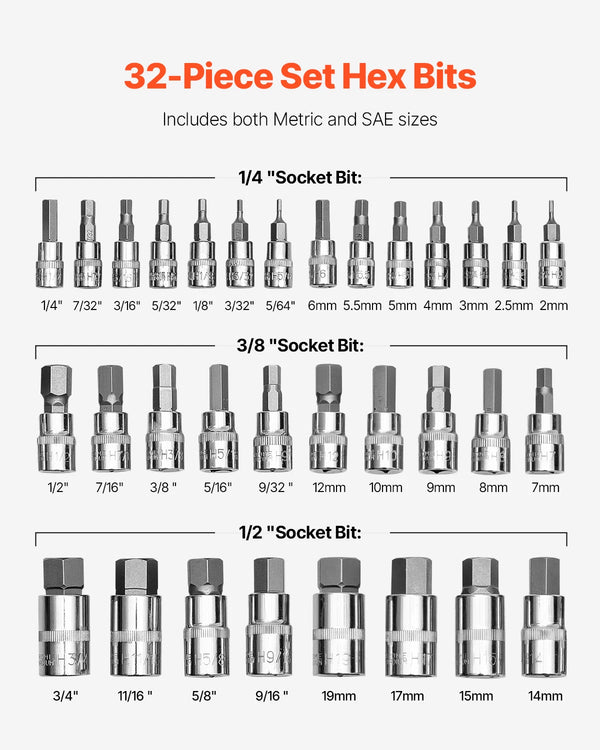 Hex Bit Socket Set 32 Piece, S2 Steel, SAE and Metric with Case