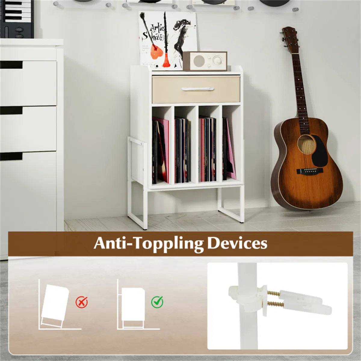 Record Player Stand with Vinyl Storage and Fabric Drawer – White