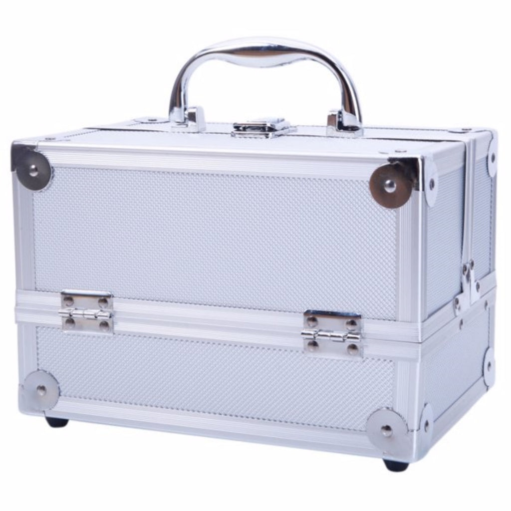 Aluminum Makeup Train Case with Mirror and Fold-Out Trays, Silver – image 8