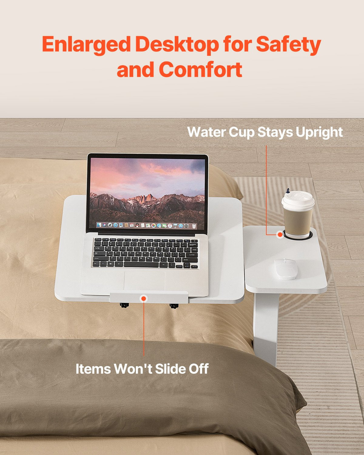 Rolling Laptop Desk with Tilting Top and Cup Holder – White