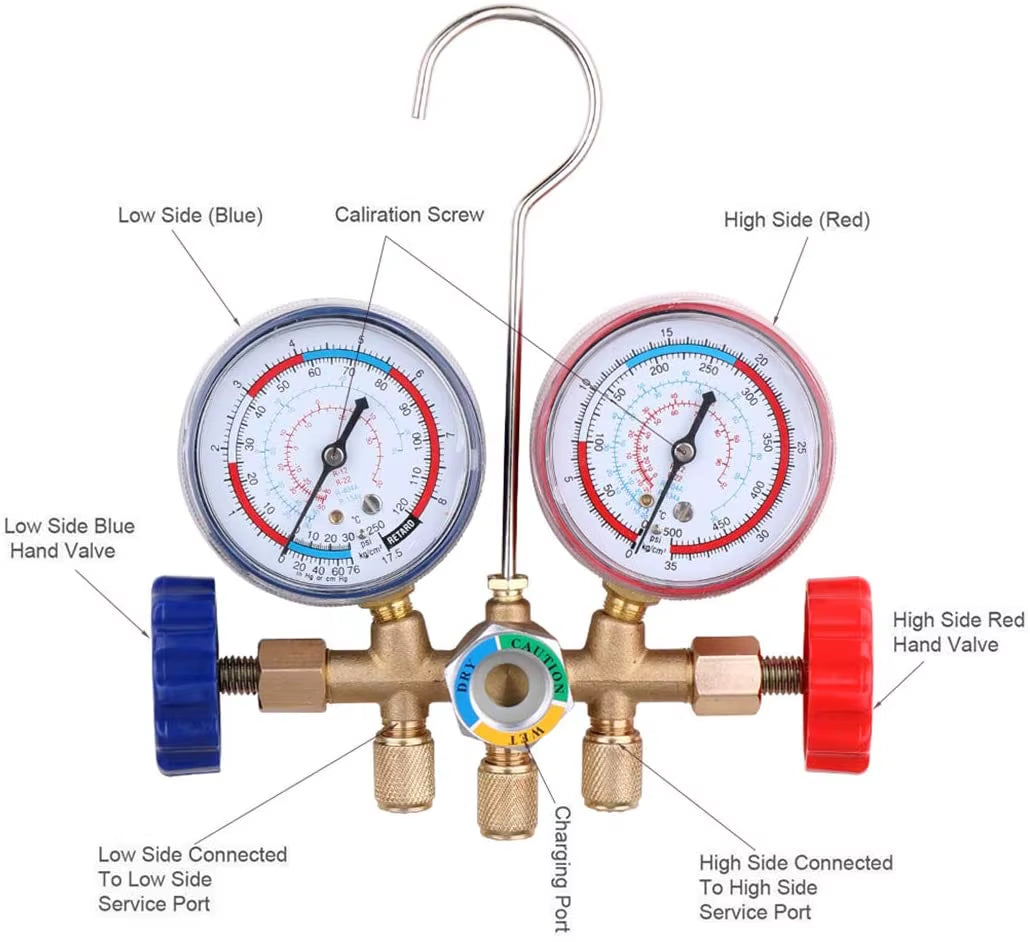 HVAC 3-Way AC Manifold Gauge Set with Hoses