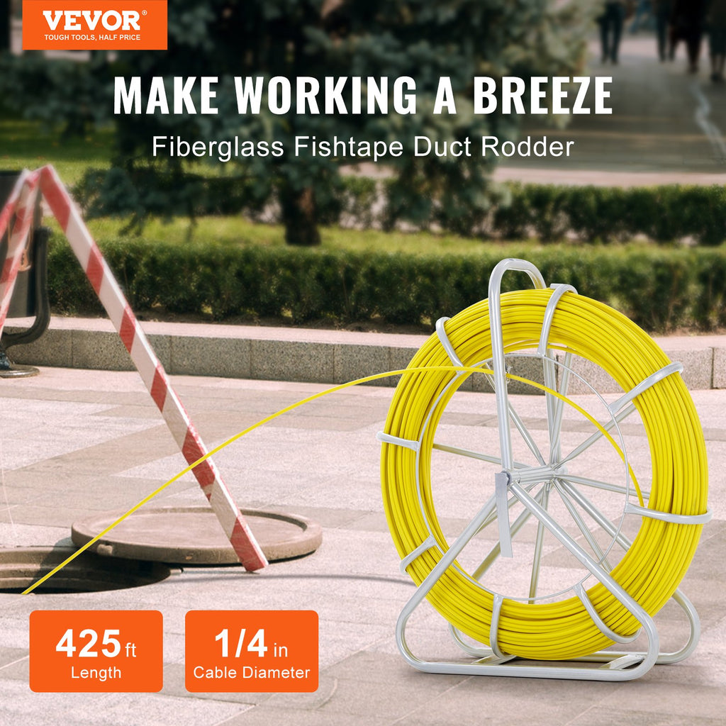 425 Ft Fiberglass Duct Rodder Fish Tape with Steel Reel Stand, 1/4 In