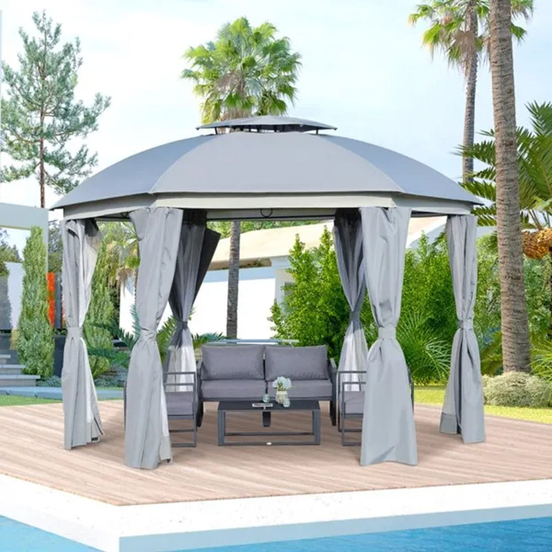 12 ft Round Dome Gazebo with Double Roof, Netting and Curtains – image 2
