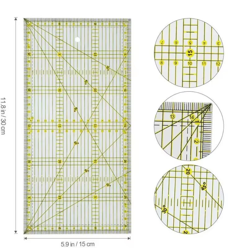 Quilting Ruler 6x12 in Acrylic with Double-Color Grid and Angle Lines