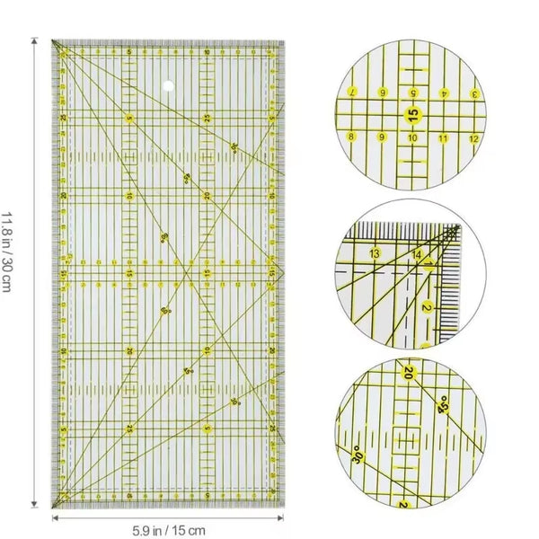 Quilting Ruler 6x12 in Acrylic with Double-Color Grid and Angle Lines