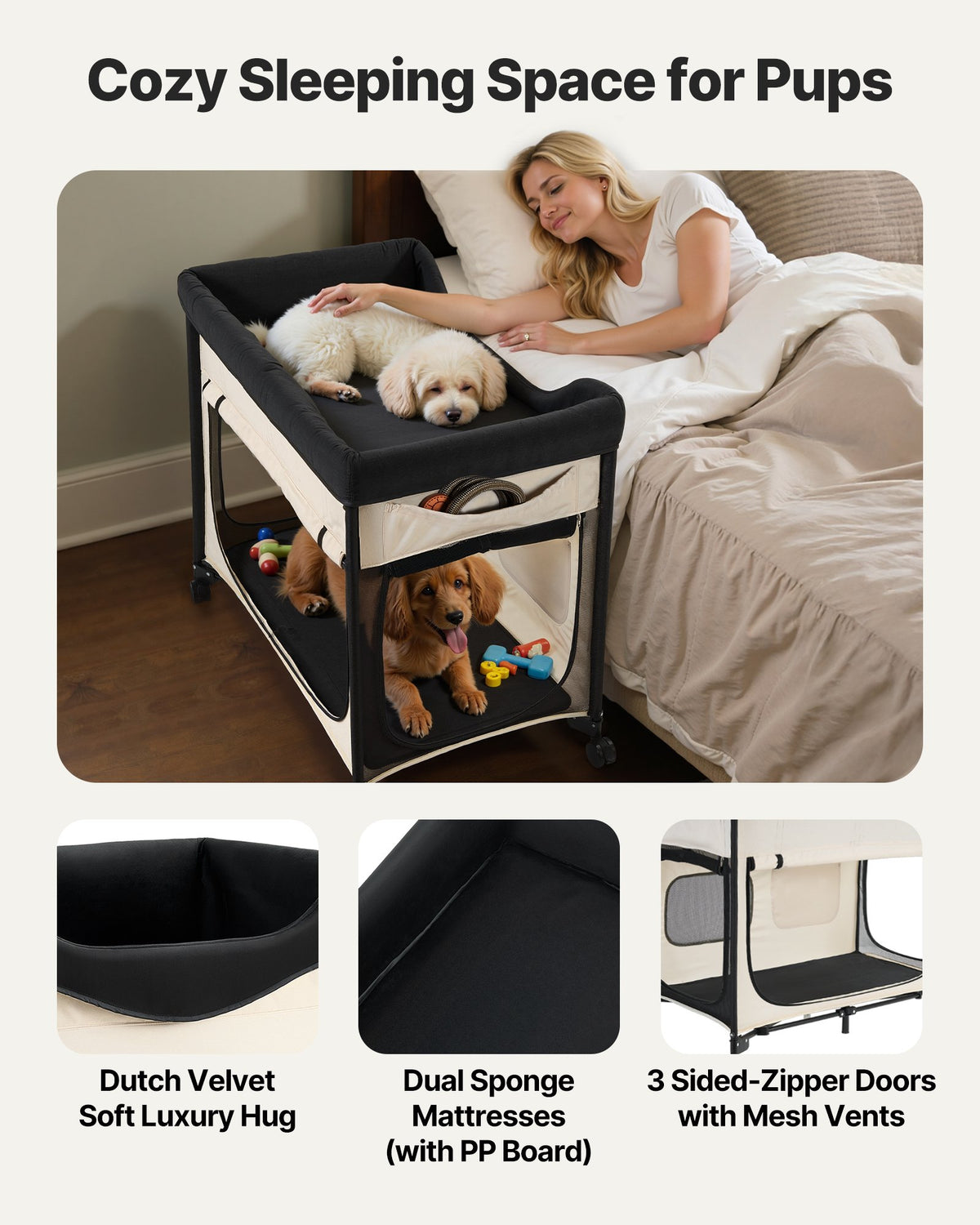 Bunk Dog Bed, Elevated Two-Level Pet Lounge with Wheels, XL Beige – image 4
