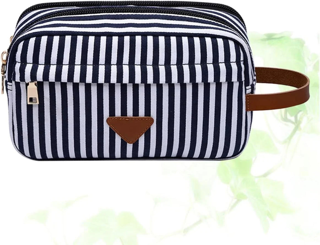 Canvas Makeup Bag – Blue Stripe Zippered Cosmetic Pouch – image 7