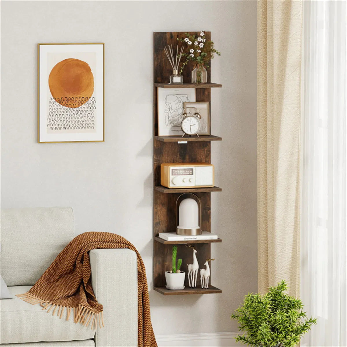 Floating Wall Shelf 5-Tier Rustic Wood Vertical Display Rack – image 10