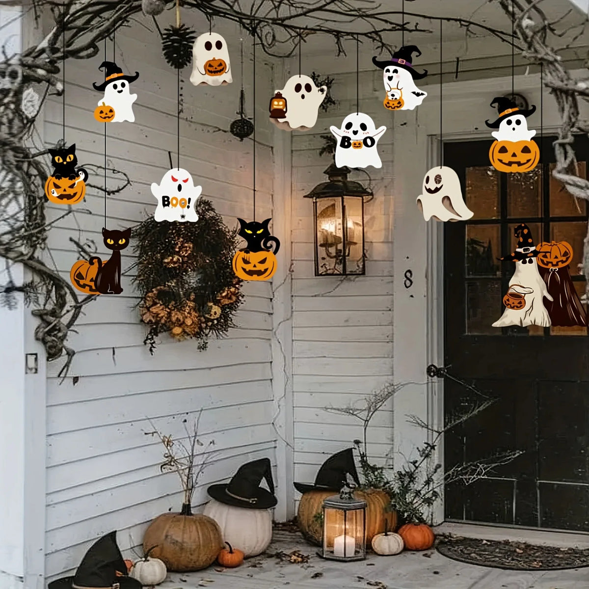 Halloween Hanging Ornaments 12 Pcs – Ghost, Cat, Pumpkin, Witch Hat – image 2