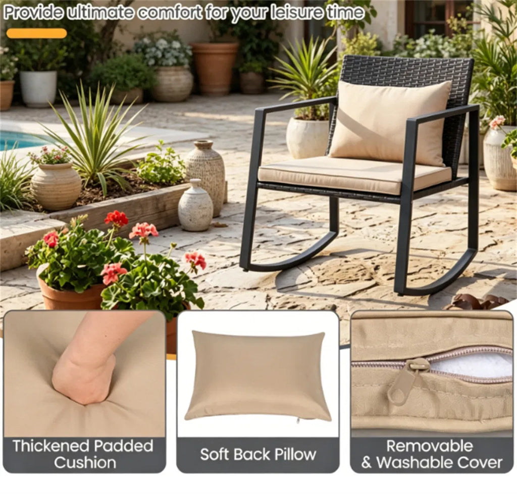 3-Piece Wicker Rocking Chair Set with Glass Side Table, Brown – image 8