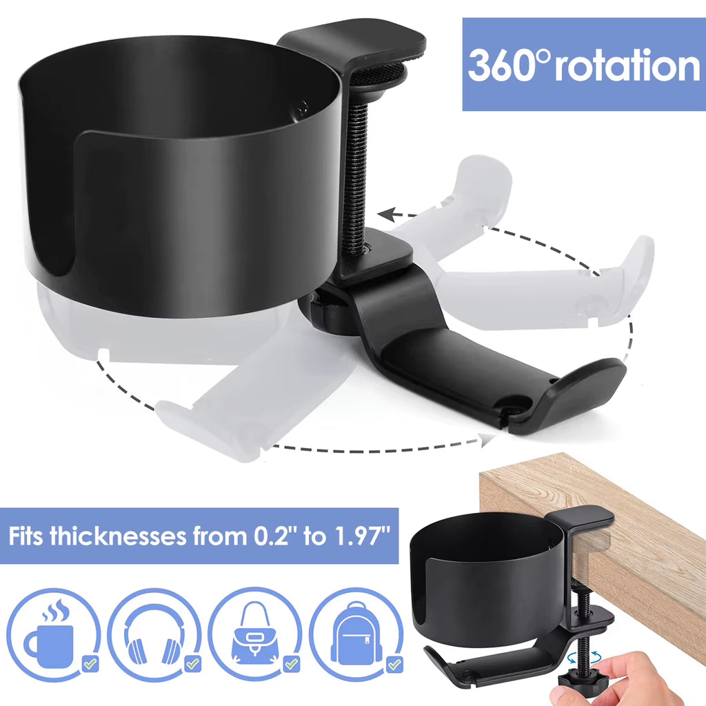 Desk Cup Holder with Headphone Hanger, Clamp-On Aluminum – image 2