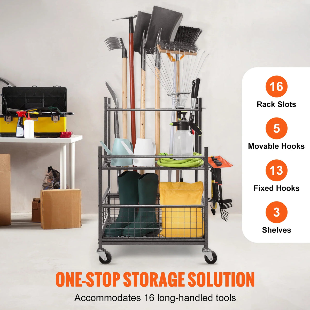 Garden Tool Organizer Rack, 16 Slots with Hooks and Locking Wheels – image 2