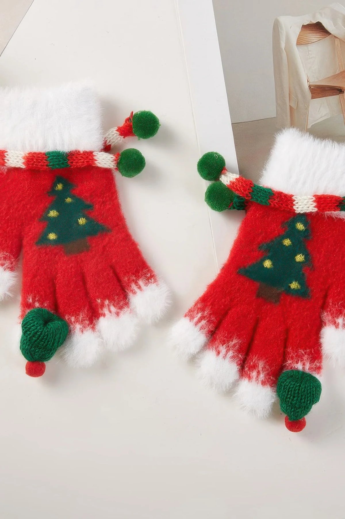 Christmas Tree Knit Gloves with Pom-Poms – Red – image 4