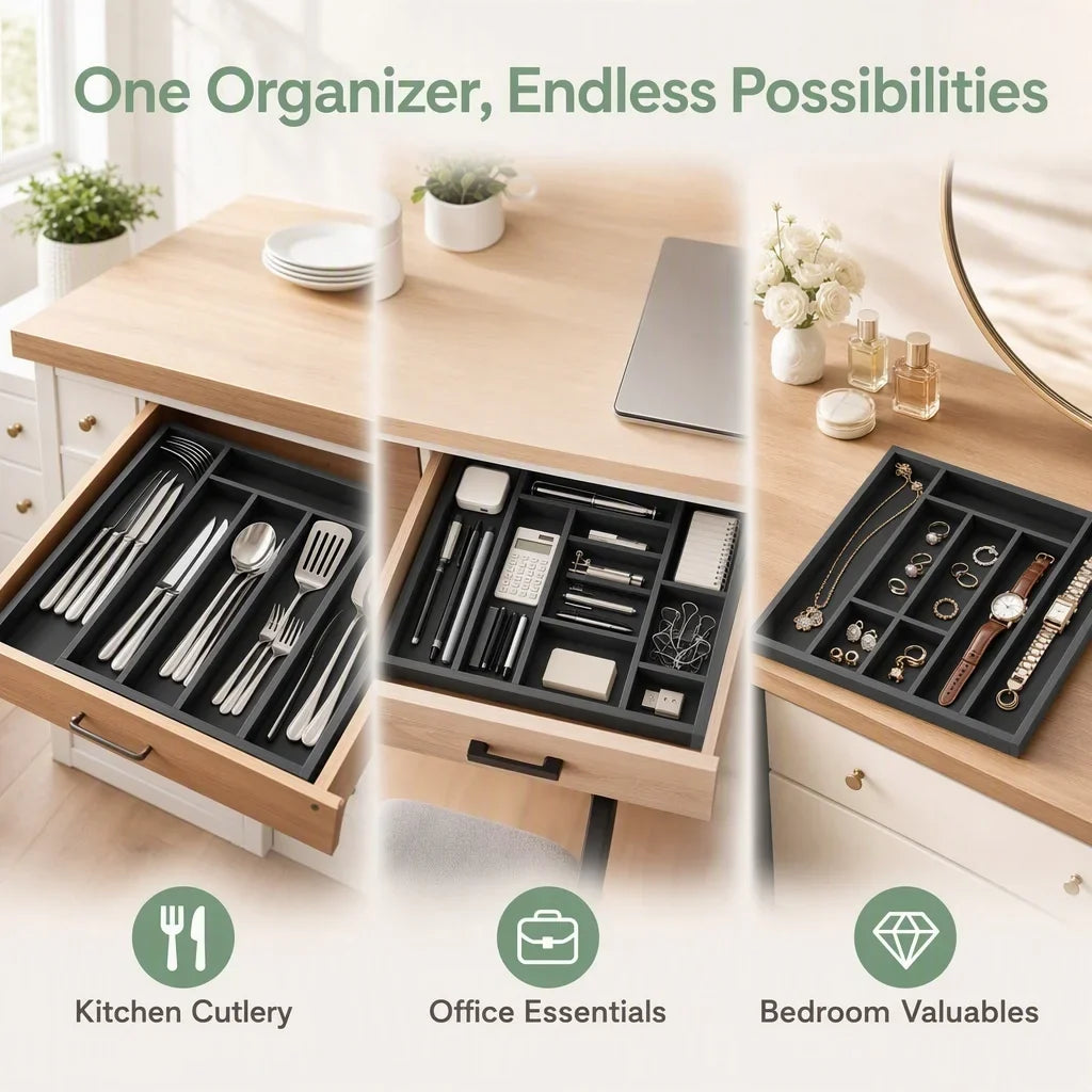 Bamboo Drawer Organizer, Expandable 6-8 Compartment Utensil Tray – image 6
