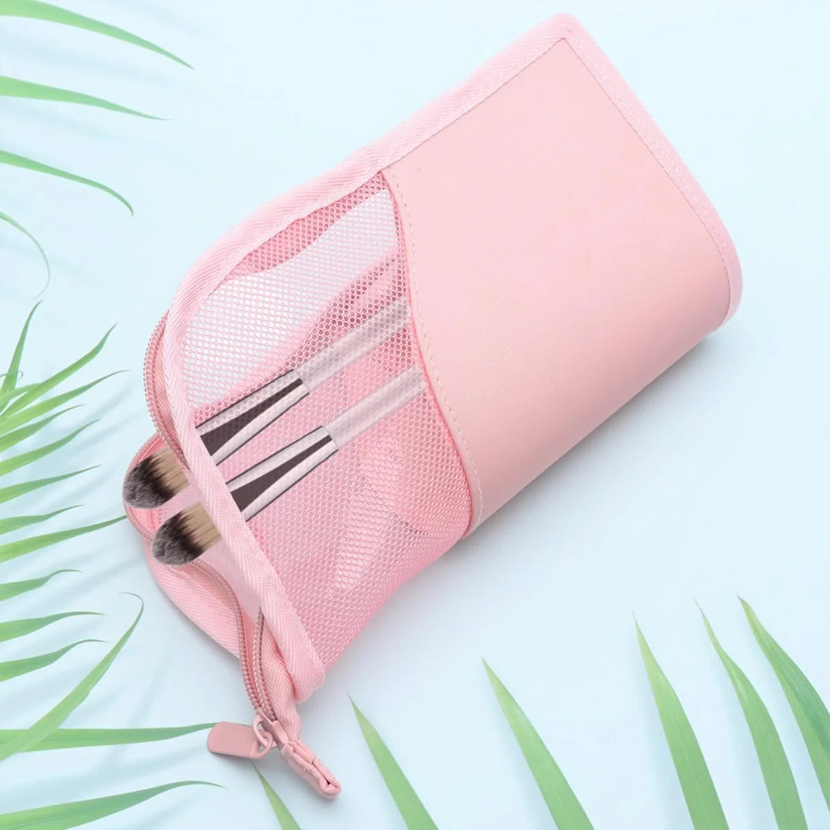 Makeup Brush Bag, Pink Standing Mesh Cosmetic Pouch with Zipper – image 5