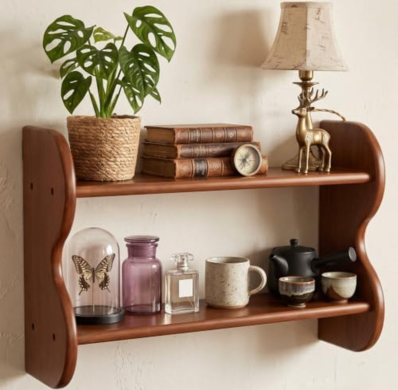 Wall Shelf 2-Tier Solid Wood Rustic Floating Display Rack
