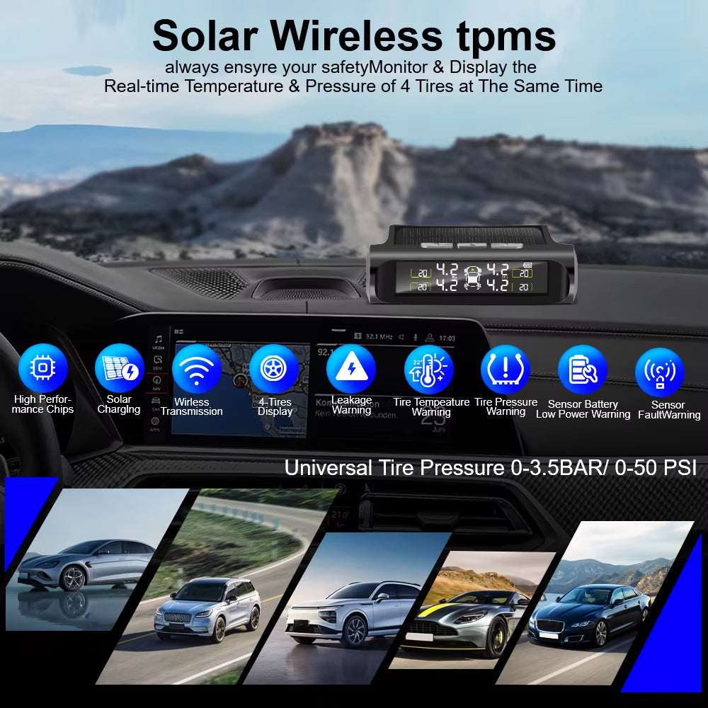 Solar Tire Pressure Monitoring System - Wireless TPMS with LCD Display & Alarm