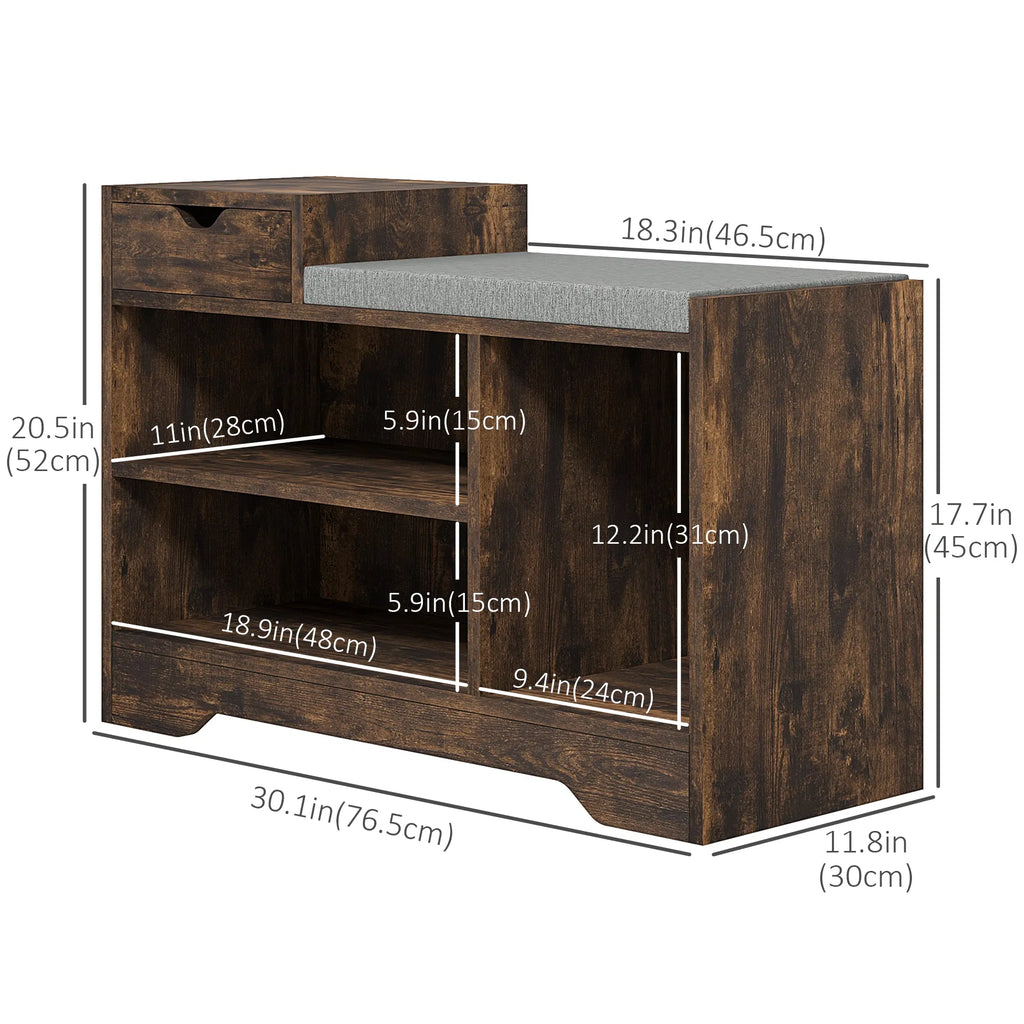 Shoe Storage Bench with Padded Seat, Drawer and 3 Shelves, Brown – image 3