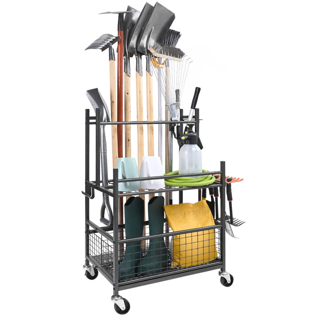 Garden Tool Organizer Rack, 16 Slots with Hooks and Locking Wheels – image 9