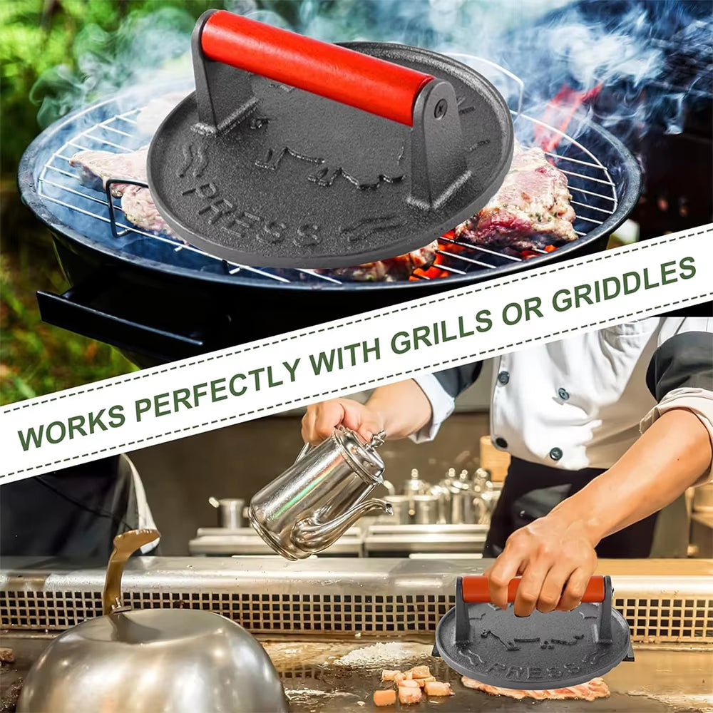 Bacon Press, Cast Iron Grill Press with Wood Handle for Steak – image 7
