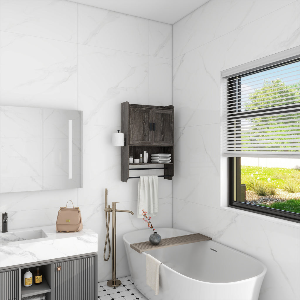 Bathroom Wall Cabinet with Towel Bar and Paper Holder, Grey – image 2
