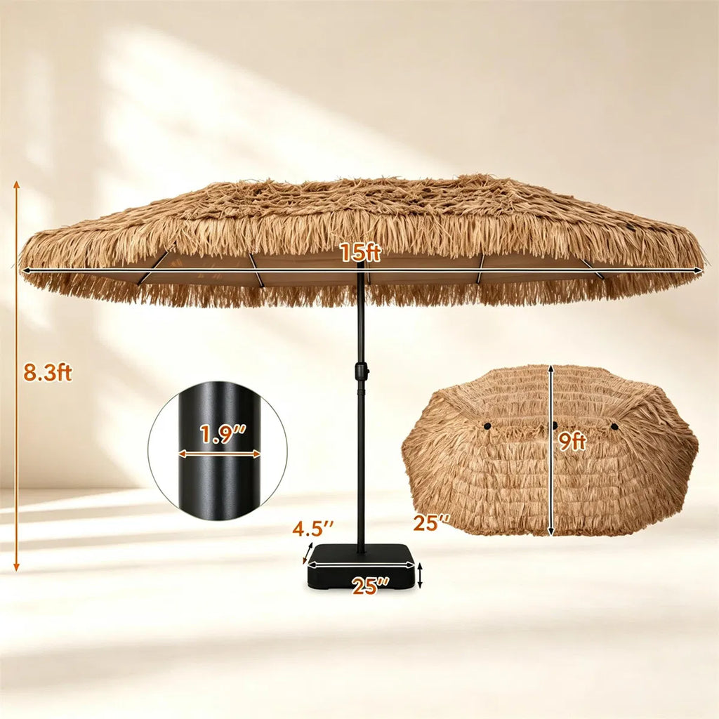15x9 ft Double-Sided Tiki Patio Umbrella with Thatch and Weighted Base – image 4