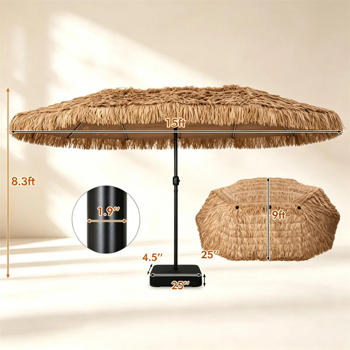 15x9 ft Double-Sided Tiki Patio Umbrella with Thatch and Weighted Base – image 4