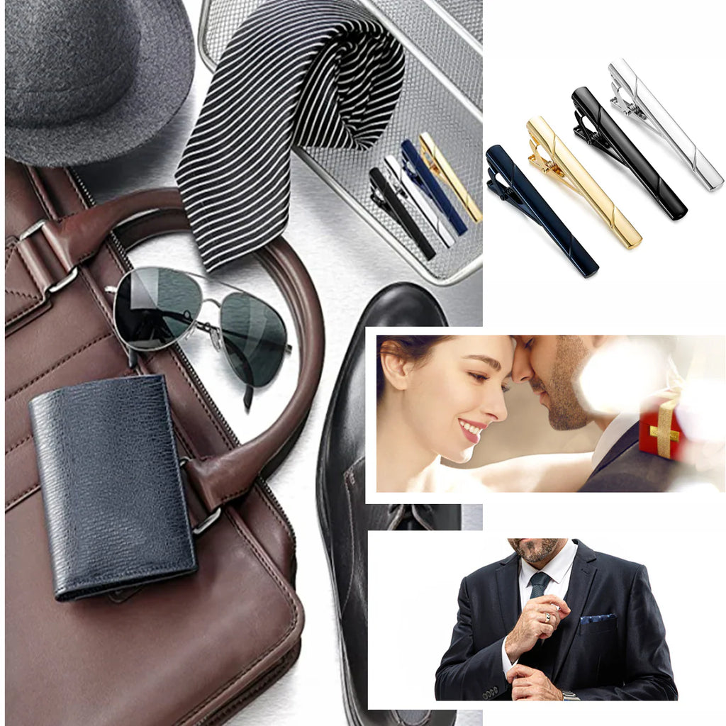 Tie Clip Set for Men – 4 Pcs Stainless Steel, Gold, Black and Silver – image 3