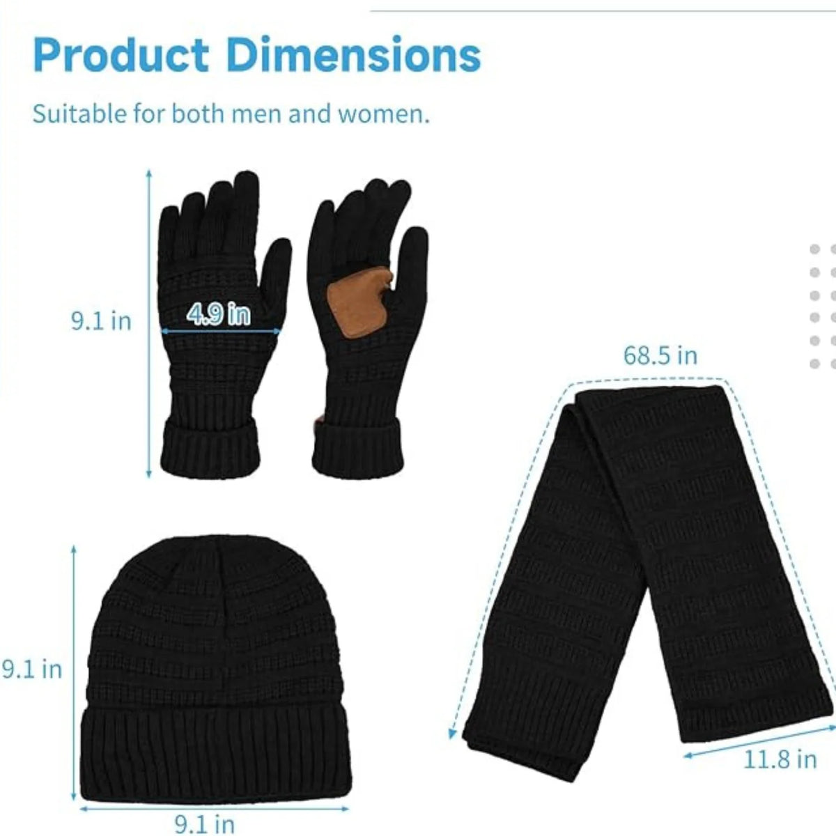 Winter Hat, Scarf & Gloves Set – Black Knit with Touchscreen Gloves – image 4
