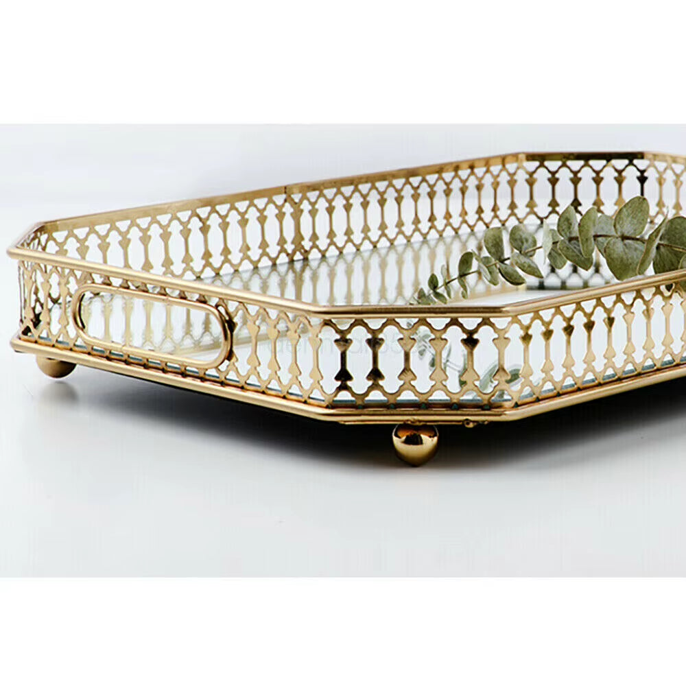 Gold Mirrored Vanity Tray, 13.8 x 9.8 In Metal Decorative Organizer – image 6